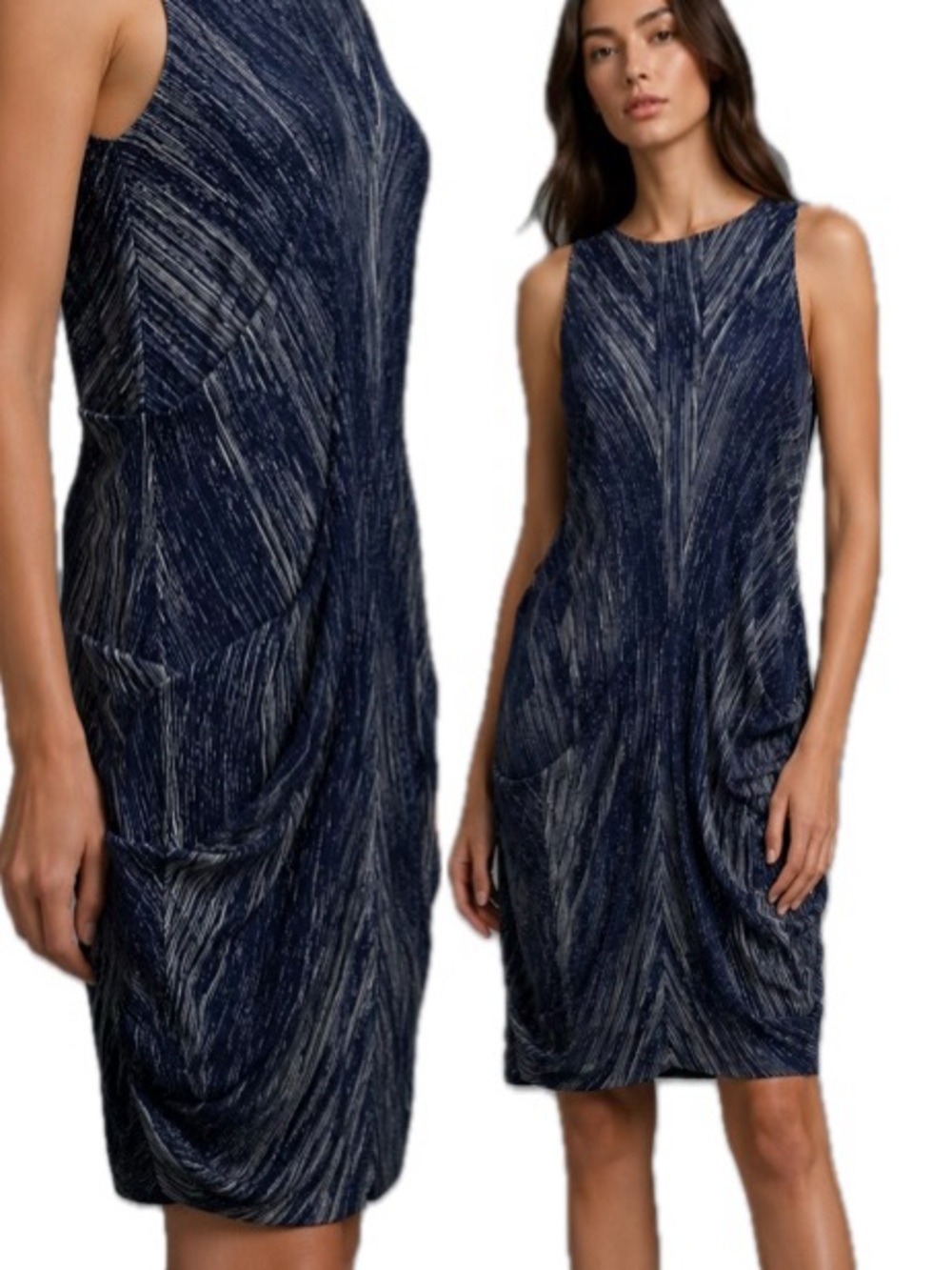 Vivienne Tam Ruched Sleeveless Shift Dress Size Small Navy & White Artsy Striped